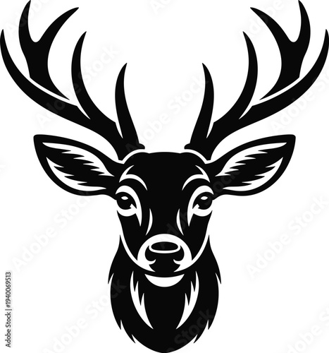 Deer head silhouette with large antlers and detailed face, majestic stag wildlife emblem illustration isolated on white background for hunting, nature and logo designDeer head silhouette with 