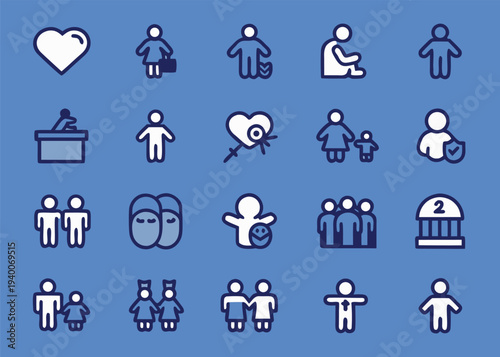 Twenty family icons are arranged in a grid on a blue background.