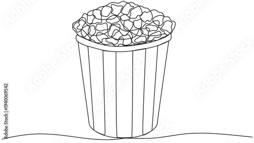 Popcorn container with delicious fluffy kernels overflowing, simple outline drawing, cinematic snack bucket icon.
