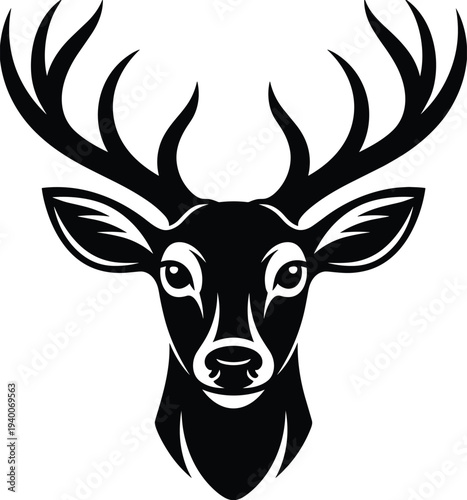 Deer head silhouette with large antlers, wild animal emblem design, majestic stag illustration isolated on white background for nature, hunting and wildlife logo concept