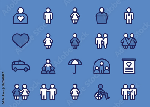 Twenty people icons are displayed over a solid blue background.