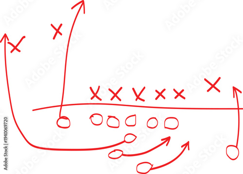 Hand-drawn American football play diagram illustrating offensive strategy with player positions and movement routes for game planning and coaching sessions.