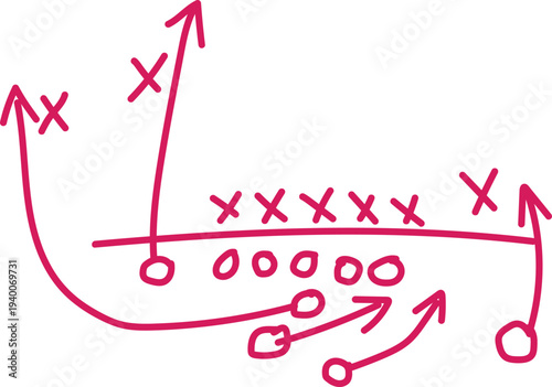 A detailed pink handwritten football play diagram showing strategic offensive and defensive movements and player positions on a whiteboard background.