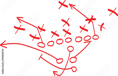Hand drawn red chalk diagram illustrates a complex American football offensive play strategy session on a white background.