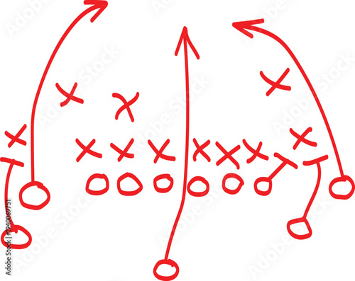 Hand drawn diagram illustrates a basic offensive football play strategy drawn in red marker on white surface.