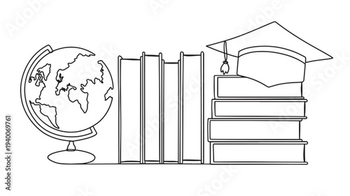 Globe and stacked books with graduation cap illustration symbolizing education, knowledge, and global learning achievements