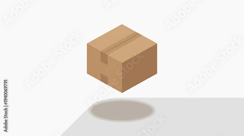 Floating cardboard box with shadow, simple isometric illustration for shipping and delivery concepts
