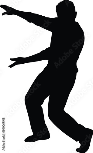 Dynamic male dancer silhouette performing energetic hip hop dance move isolated on white background, expressive motion concept for street dance performance art photography