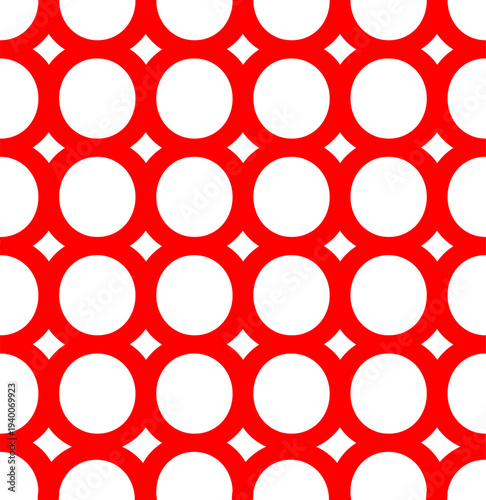 Seamless geometric pattern with red interconnected circles and diamond shapes on a white background, creating a repetitive abstract design.