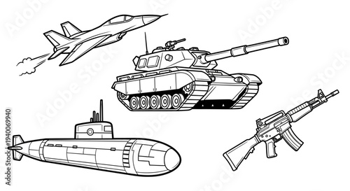 Collection of military vehicles and weapons. Fighter jet, tank, submarine, and rifle line art illustration for defense and combat concepts