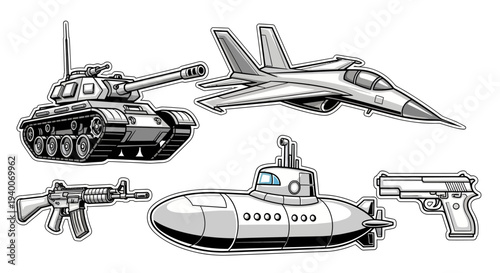 Modern Military Arsenal Comprehensive Collection of War Vehicles and Combat Weapons Illustration