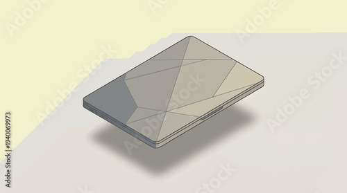 Modern geometric polygonal device in isometric view, featuring a faceted design on its surface, representing abstract technology and digital art