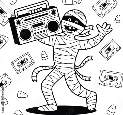 Funny dancing mummy holding retro boombox surrounded by cassette tapes, playful Halloween cartoon character line art illustration for kids coloring pages and spooky party themes