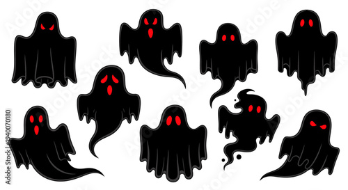 Spooky Halloween Ghosts Vector Illustrations with Red Eyes and Different Expressions