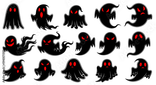 Collection of spooky black ghosts with red glowing eyes, Halloween themed icons