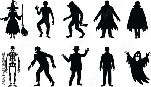 Halloween monster and horror character silhouette set including witch, zombie, werewolf, vampire, skeleton and ghost spooky black icon collection for scary design