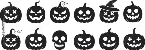 Halloween pumpkin and skull silhouette icon set with different scary faces, jack o lantern expressions and witch hat isolated vector style illustration