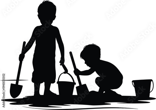 Kids playing with sand and shovel silhouette isolated on white background, children digging and building in sandbox or beach, happy childhood outdoor activity concept