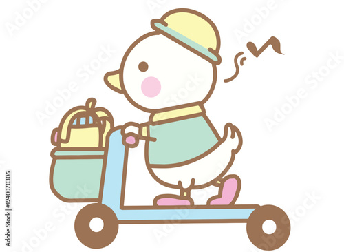 Little duckling riding a kick scooter with backpack in basket cartoon illustration