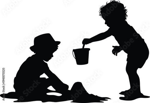 Kids playing in sand silhouette illustration with children building sandcastle using bucket and shovel, happy childhood beach activity isolated on white background