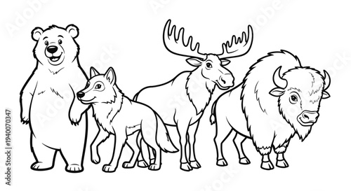 A diverse collection of wild North American animals in a playful illustration