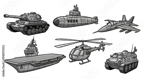 Dynamic Collection of Military Transport Vehicles and Warfare Equipment – Vector Illustration Set