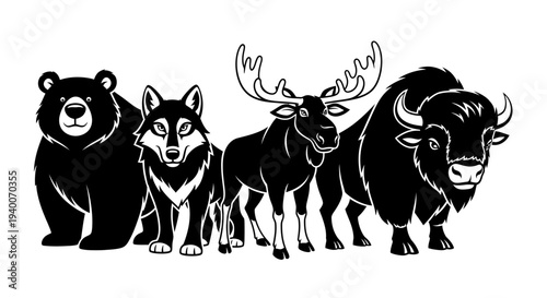 Wild Animal Silhouettes Bear, Wolf, Moose, and Bison Collection