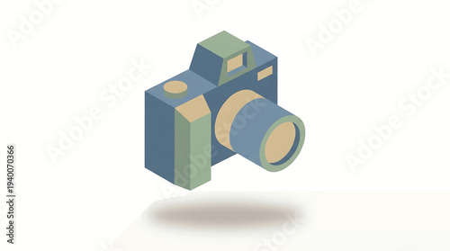 Isometric graphic illustration of a modern digital camera, perfect for photography, technology, and creative content themes