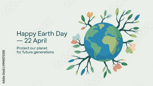 Earth day illustration with globe surrounded by colorful leaves and branches on light green background