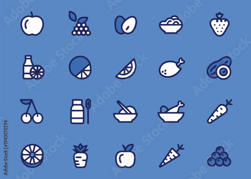 Twenty blue and white food and nutrition icons including fruits and prepared dishes are showcased in a four by five grid on a solid blue background.