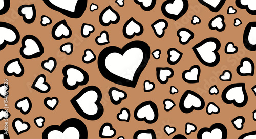 Seamless pattern of white hearts with black outlines a warm brown background love