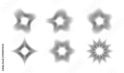 Abstract sound wave halftone radial dotted shapes set, futuristic graphic element, technology style, vector illustration background design