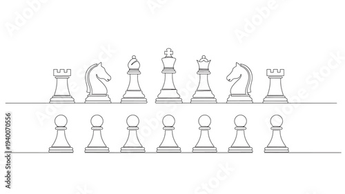 Chess pieces line art, featuring a full set of pawns and upper tier pieces arranged neatly on a white background.