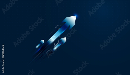 Glowing Grow arrows point upward, representing strong progress in modern technology, global Finance, and expanding Business opportunities.
