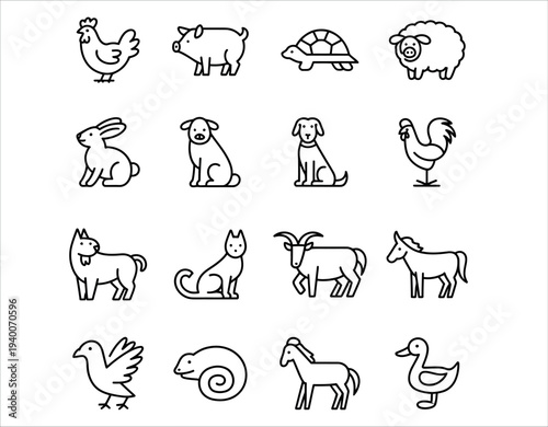 Domestic Farm Animals and Pets Icon Set with Minimalist Line Art Symbols Vector Illustration.