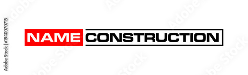 A logo featuring the words "NAME CONSTRUCTION" with "NAME" on a red background and "CONSTRUCTION" on a black background with a white outline, presented in a bold, modern, and industrial design.