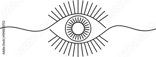 Mystical stylized eye illustration with sun rays and wavy lines design
