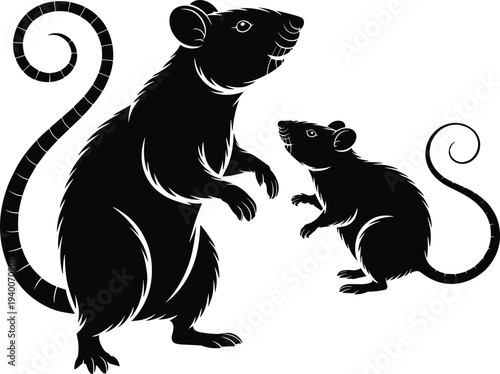 Rat silhouette set showing two rodents standing with long tails isolated on white background, wild pest animal icon for biology, wildlife design vector illustration