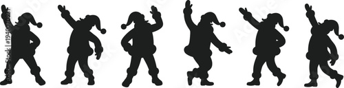 Santa Claus dancing silhouette set with different poses, festive Christmas character collection isolated in black for holiday party design, winter celebration graphics