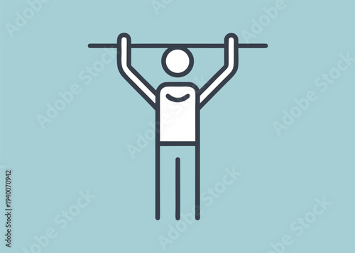Person hangs from a horizontal black bar on a light blue background.