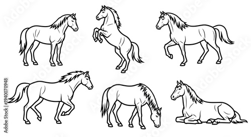 Collection of six majestic horse illustrations in various dynamic poses, perfect for equestrian designs