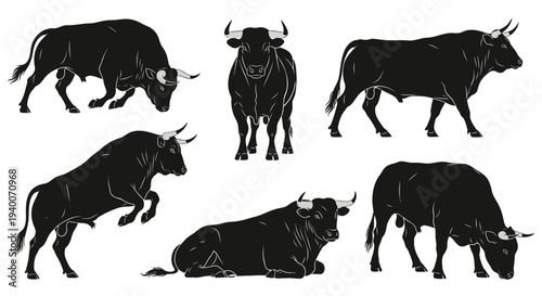 Dynamic collection of powerful bull silhouettes in various aggressive and calm stances, showcasing strength and agility, perfect for impactful graphic design and branding elements