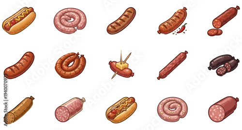 Collection of 15 Sausage and Processed Meat Icons in Cartoon Illustration Style