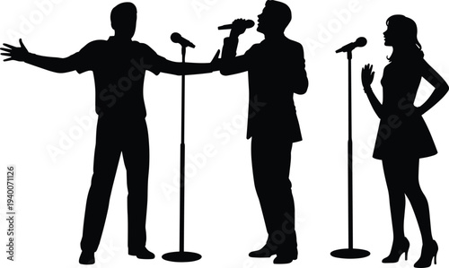 Singer silhouettes performing with microphones on stage, male and female vocalists in concert performance poses isolated on white background for music, karaoke and entertainment themes