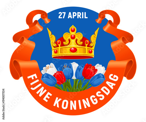 Koningsdag design template. Koningsdag greeting. King's Day logo, label, emblem. For poster, card, invitation, flyer etc. Translation: Happy King's Day, 27 April. Isolated vector illustration