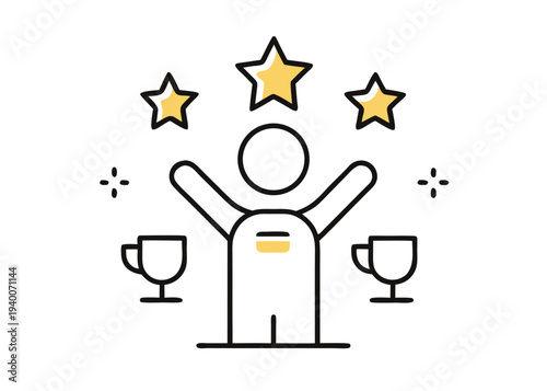 Person with raised arms stands between two trophies under three stars.