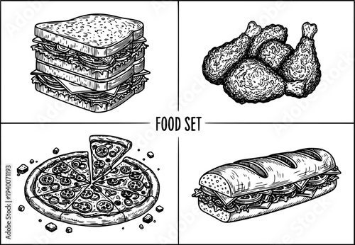 Hand drawn black and white food set featuring stacked sandwich pizza slices and fried chicken