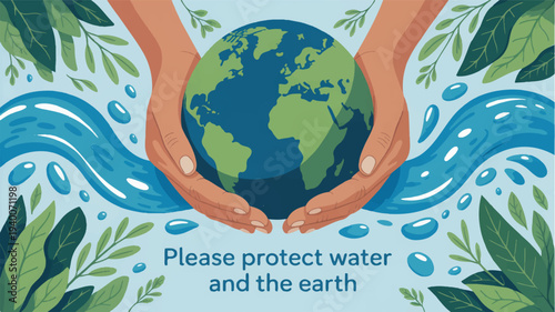 Hands cradling earth globe with water waves and leaves eco friendly message to protect planet and water resources