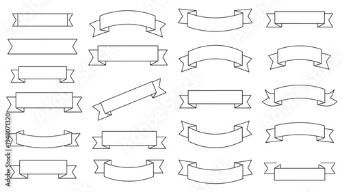 Set of simple black outline banners with a variety of shapes and curves for text and design elements