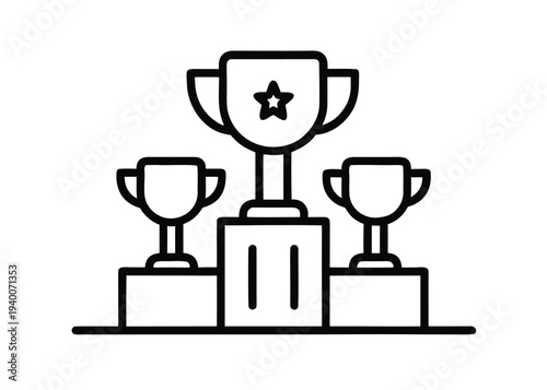 A black outline illustration of a three-tiered winner's pedestal holding three trophy cups with a central star on the largest cup.